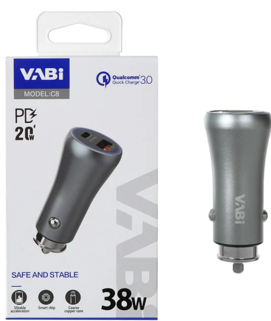 شارژر فندکی فست و PD دو پورت VABI مدل C8 38W - نقره ای